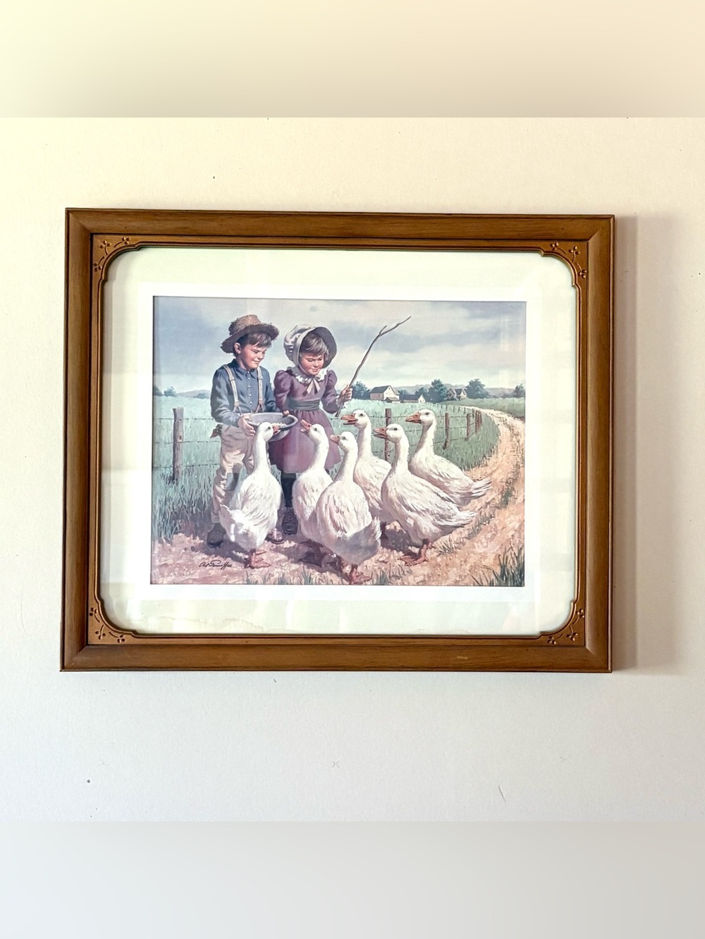 Vintage Farm Scene Print in Brown Wooden Frame